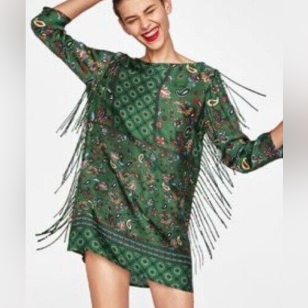 Zara NWT Green Paisley Print Bohemian Mini Dress - Picture 1 of 7